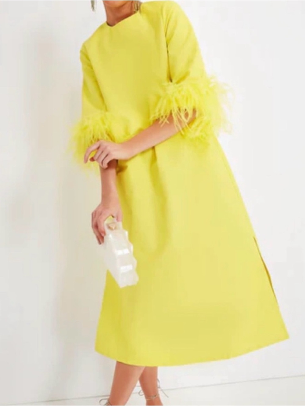 Tuckernuck Yellow Feather-Trim Midi Dress